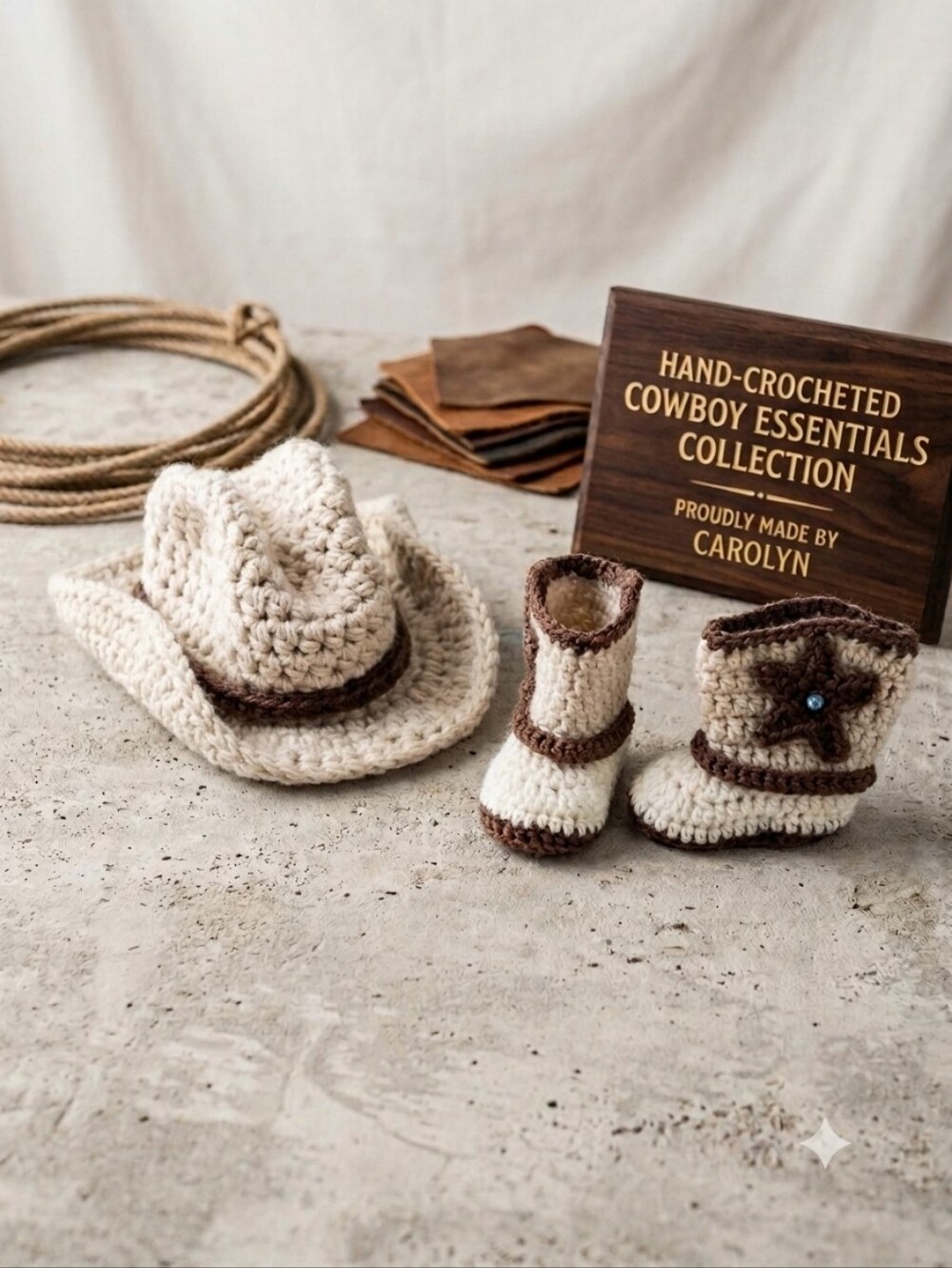 Handmade Crochet Baby Boy Beige Cowboy Hat and Booties Photo Prop Set 0-3 Months